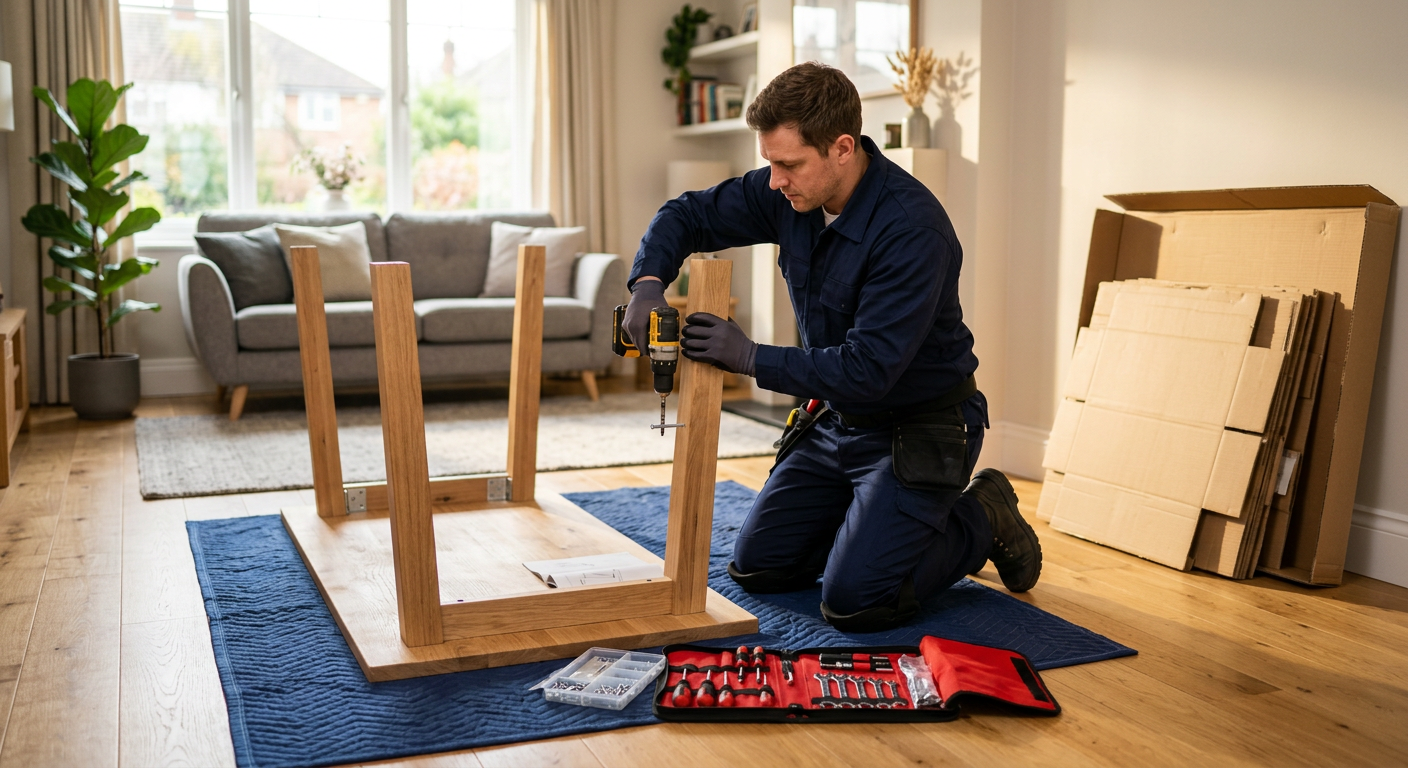 Delivery technician assembling a dining table with packaging neatly stacked aside