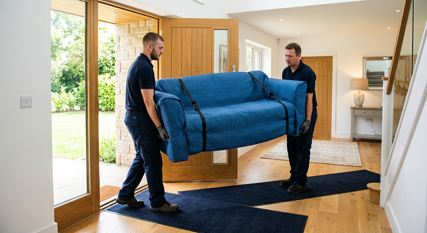 Two uniformed delivery crew members carrying a blanket-wrapped sofa over floor runners into a home